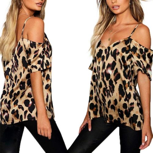 [LUQINQ] Tops Ladies Leopard Shoulder Womens T-shirt Cold Summer Blouse (S-2XL) Print Women’s Blouse Blusa Feminina