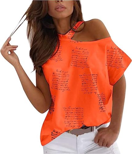 Sleeve loose Fashion lovely Women’s Top Short print Shoulder Casual Women’s Blouse Roupas Femininas (Orange, S)